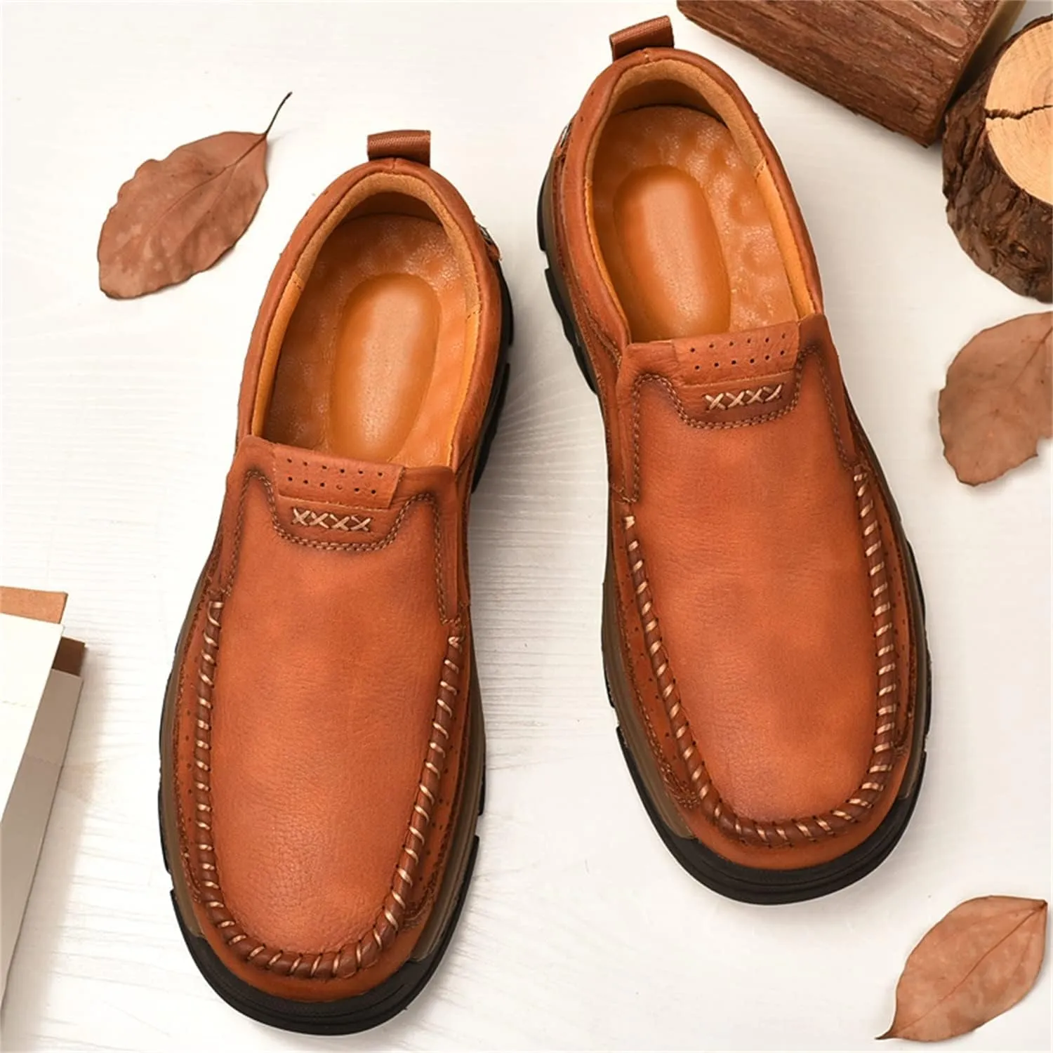 Mens Slip On Casual Loafers Classic Outdoor Leather Walking Hiking Shoes Comfortable for Work Office Dress Outdoor