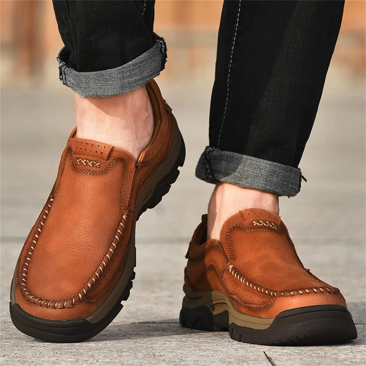 Mens Slip On Casual Loafers Classic Outdoor Leather Walking Hiking Shoes Comfortable for Work Office Dress Outdoor