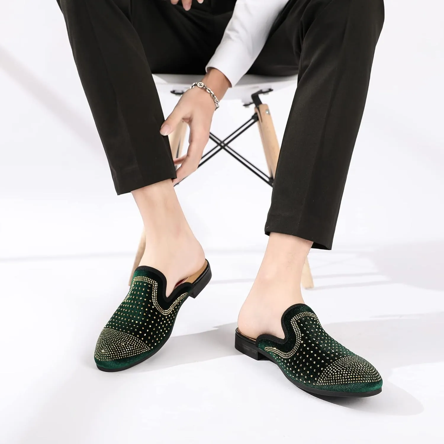 Men's Slip-on Mule Sandals Loafer with Gold Buckle,Fashion Leather Formal Wear Casual Backless Dress Slippers