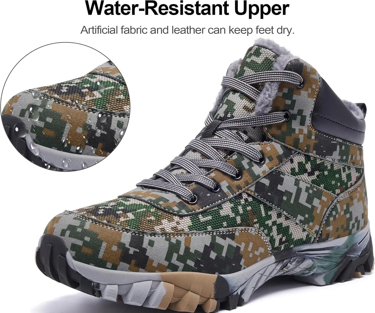Men's Snow Boots Warm Fur Lined Camouflage Winter Hiking Boot Non-Slip Outdoor Work Shoes