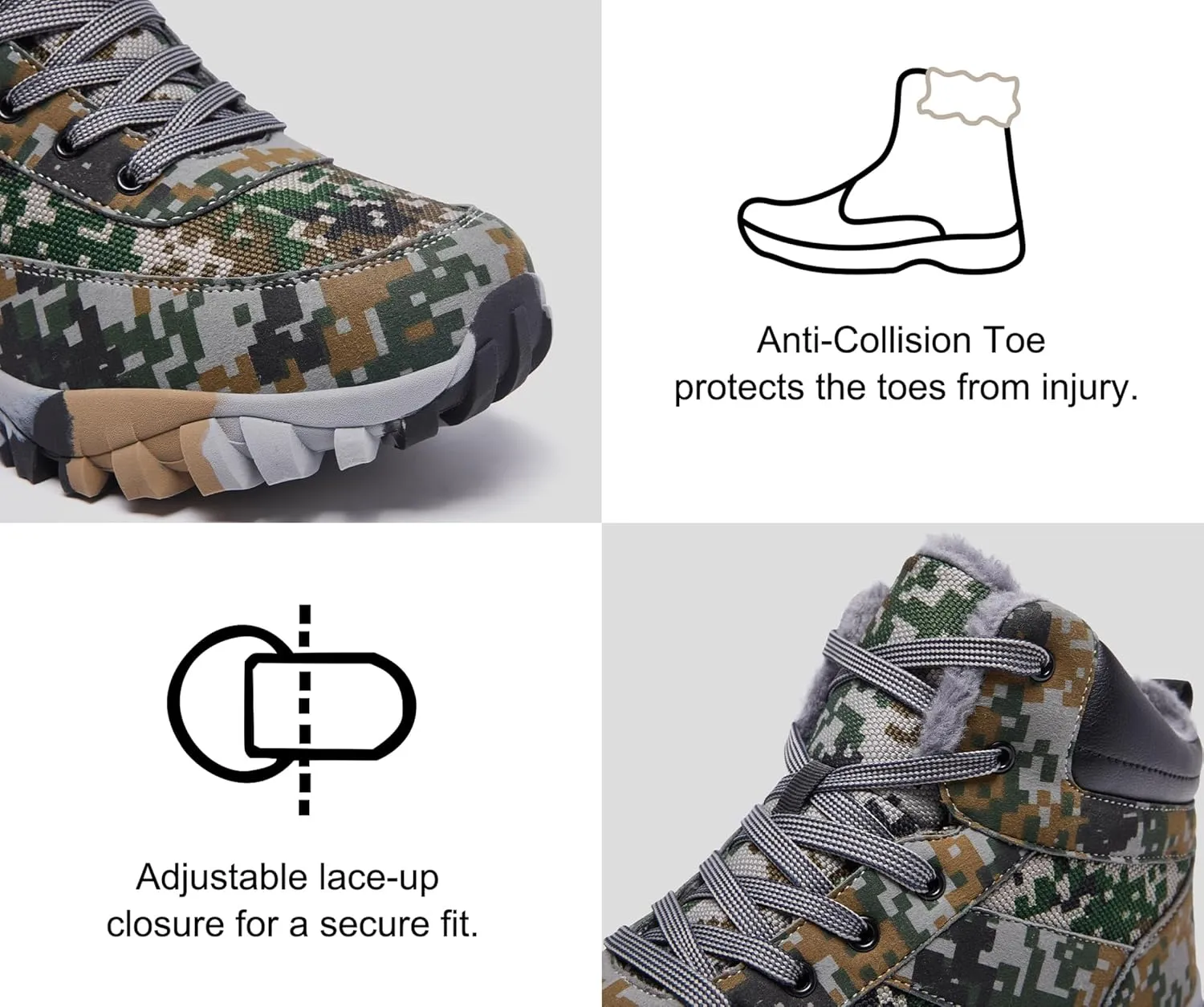 Men's Snow Boots Warm Fur Lined Camouflage Winter Hiking Boot Non-Slip Outdoor Work Shoes