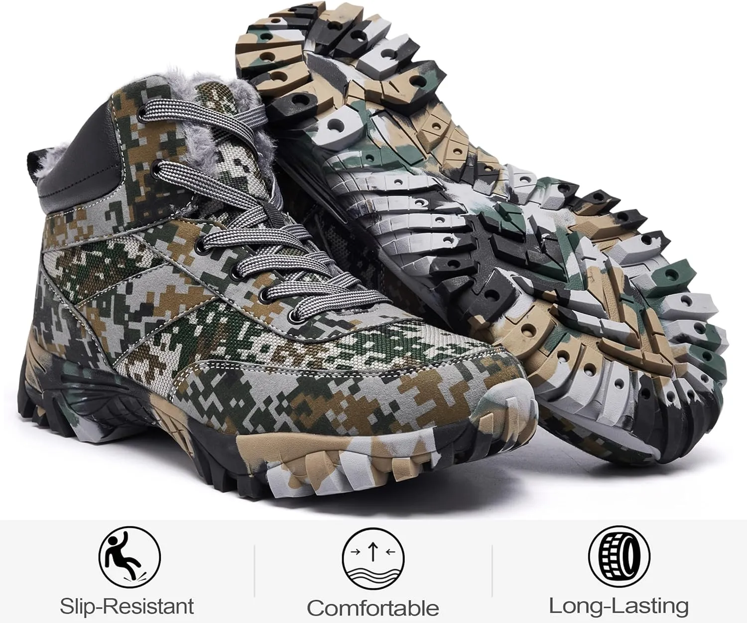 Men's Snow Boots Warm Fur Lined Camouflage Winter Hiking Boot Non-Slip Outdoor Work Shoes