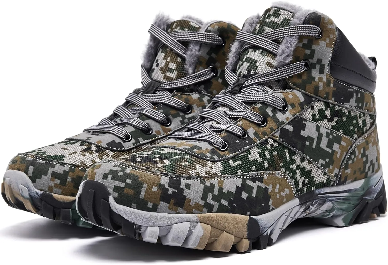 Men's Snow Boots Warm Fur Lined Camouflage Winter Hiking Boot Non-Slip Outdoor Work Shoes
