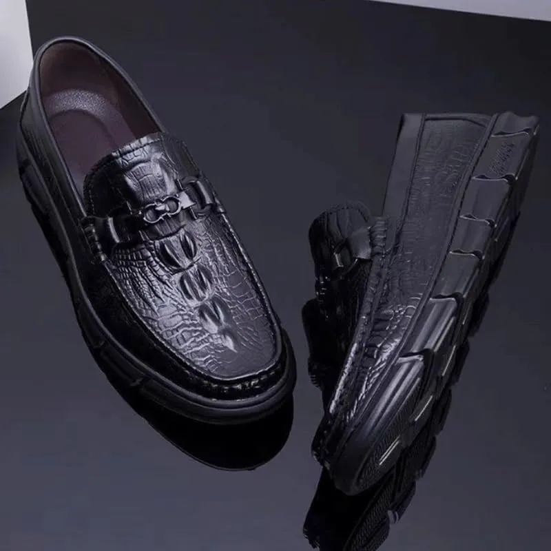 Men's Vintage Crocodile Print Slip On Dress Shoes Mens Casual Genuine Leather Flats Soft Driving Walking Loafer Shoes Orthopedic Shoes