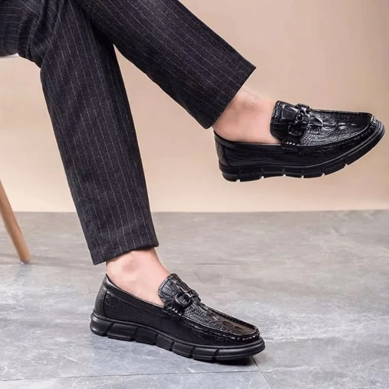 Men's Vintage Crocodile Print Slip On Dress Shoes Mens Casual Genuine Leather Flats Soft Driving Walking Loafer Shoes Orthopedic Shoes