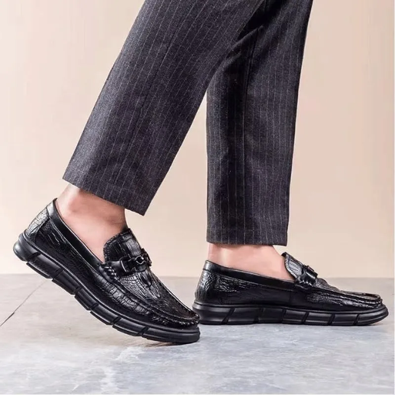 Men's Vintage Crocodile Print Slip On Dress Shoes Mens Casual Genuine Leather Flats Soft Driving Walking Loafer Shoes Orthopedic Shoes