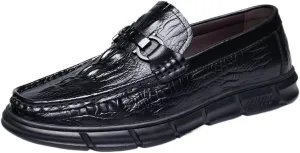 Men's Vintage Crocodile Print Slip On Dress Shoes Mens Casual Genuine Leather Flats Soft Driving Walking Loafer Shoes Orthopedic Shoes