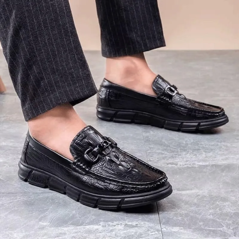 Men's Vintage Crocodile Print Slip On Dress Shoes Mens Casual Genuine Leather Flats Soft Driving Walking Loafer Shoes Orthopedic Shoes