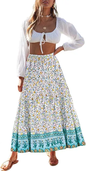 MEROKEETY Women's Boho Floral Print Elastic High Waist Pleated A Line Maxi Skirt