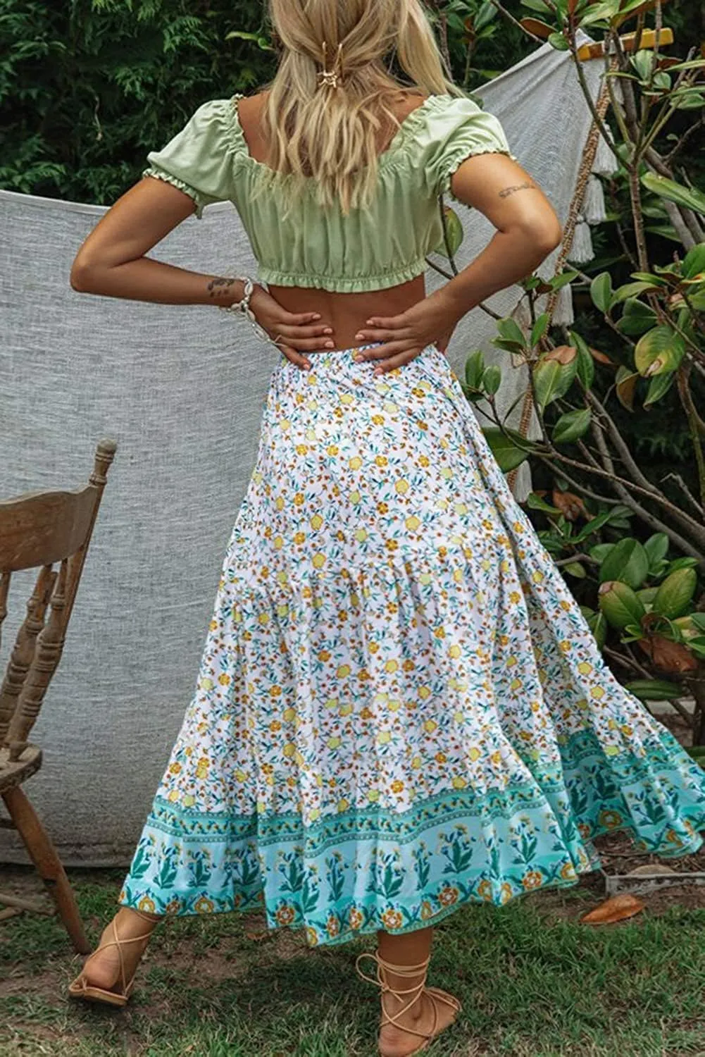 MEROKEETY Women's Boho Floral Print Elastic High Waist Pleated A Line Maxi Skirt