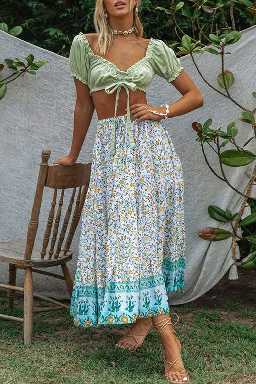 MEROKEETY Women's Boho Floral Print Elastic High Waist Pleated A Line Maxi Skirt