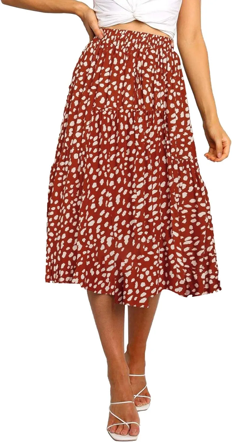 MEROKEETY Women's Boho Leopard Print Skirt Pleated A-Line Swing Midi Skirts