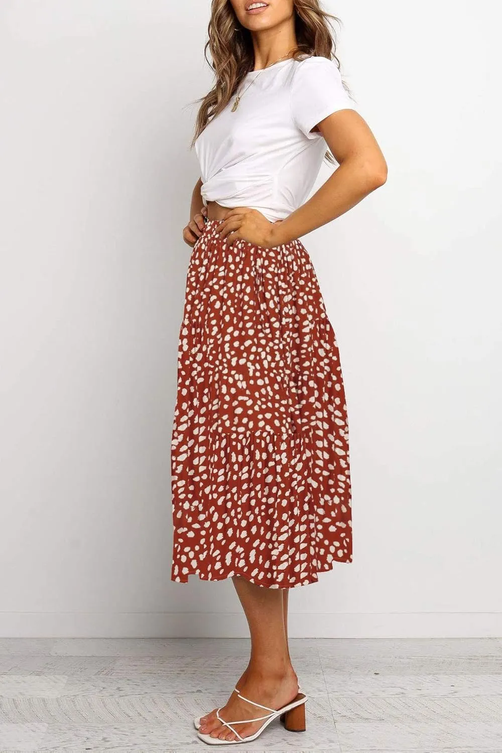 MEROKEETY Women's Boho Leopard Print Skirt Pleated A-Line Swing Midi Skirts