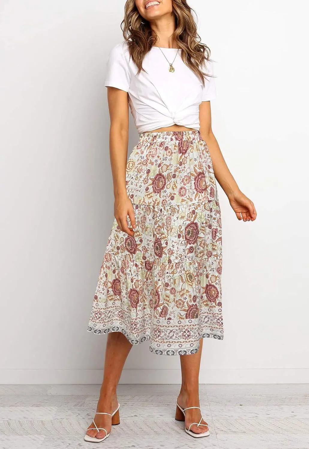 MEROKEETY Women's Boho Leopard Print Skirt Pleated A-Line Swing Midi Skirts