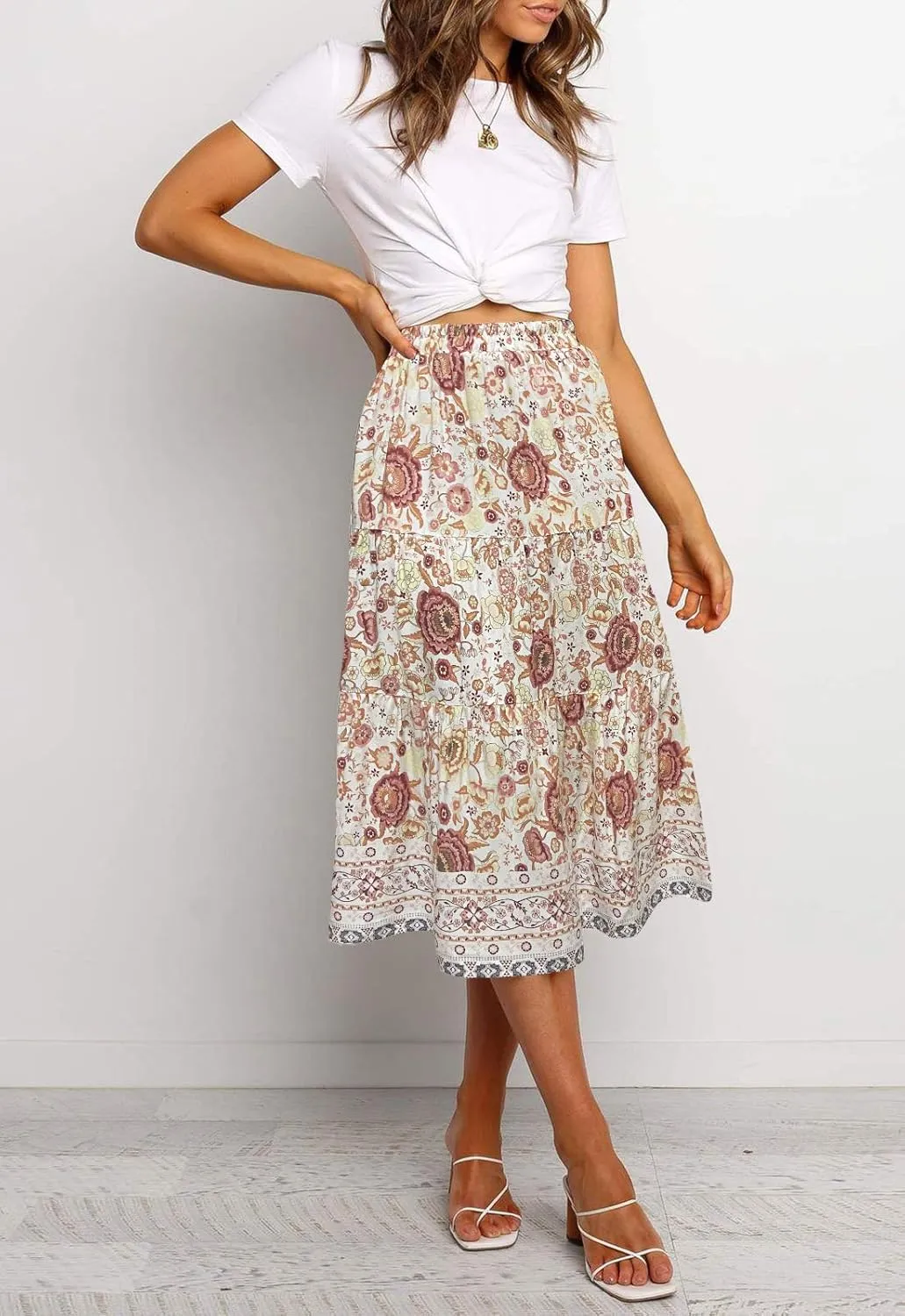 MEROKEETY Women's Boho Leopard Print Skirt Pleated A-Line Swing Midi Skirts