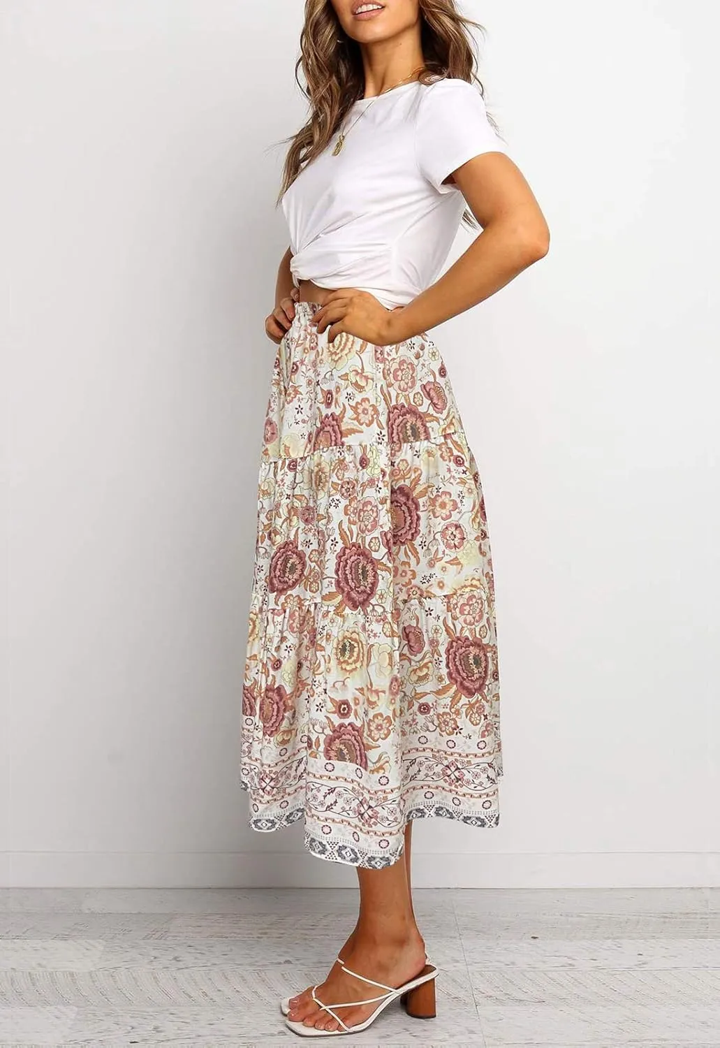 MEROKEETY Women's Boho Leopard Print Skirt Pleated A-Line Swing Midi Skirts