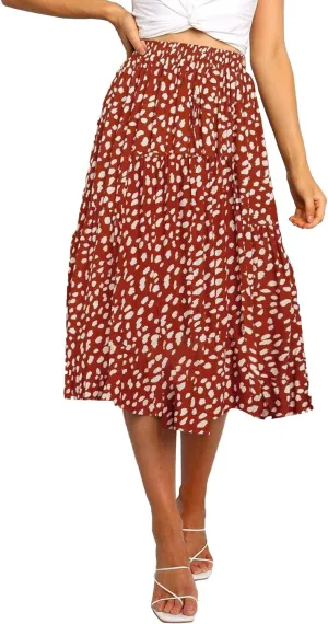 MEROKEETY Women's Boho Leopard Print Skirt Pleated A-Line Swing Midi Skirts