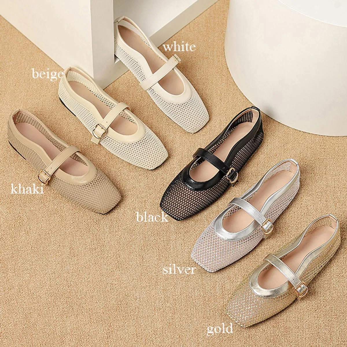 Mesh Ballet Flats for Women Buckle Strap Fishnet Square Toe Ballerina Casual Dress Summer Comfy Shoes