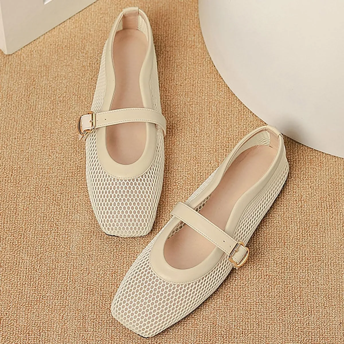 Mesh Ballet Flats for Women Buckle Strap Fishnet Square Toe Ballerina Casual Dress Summer Comfy Shoes