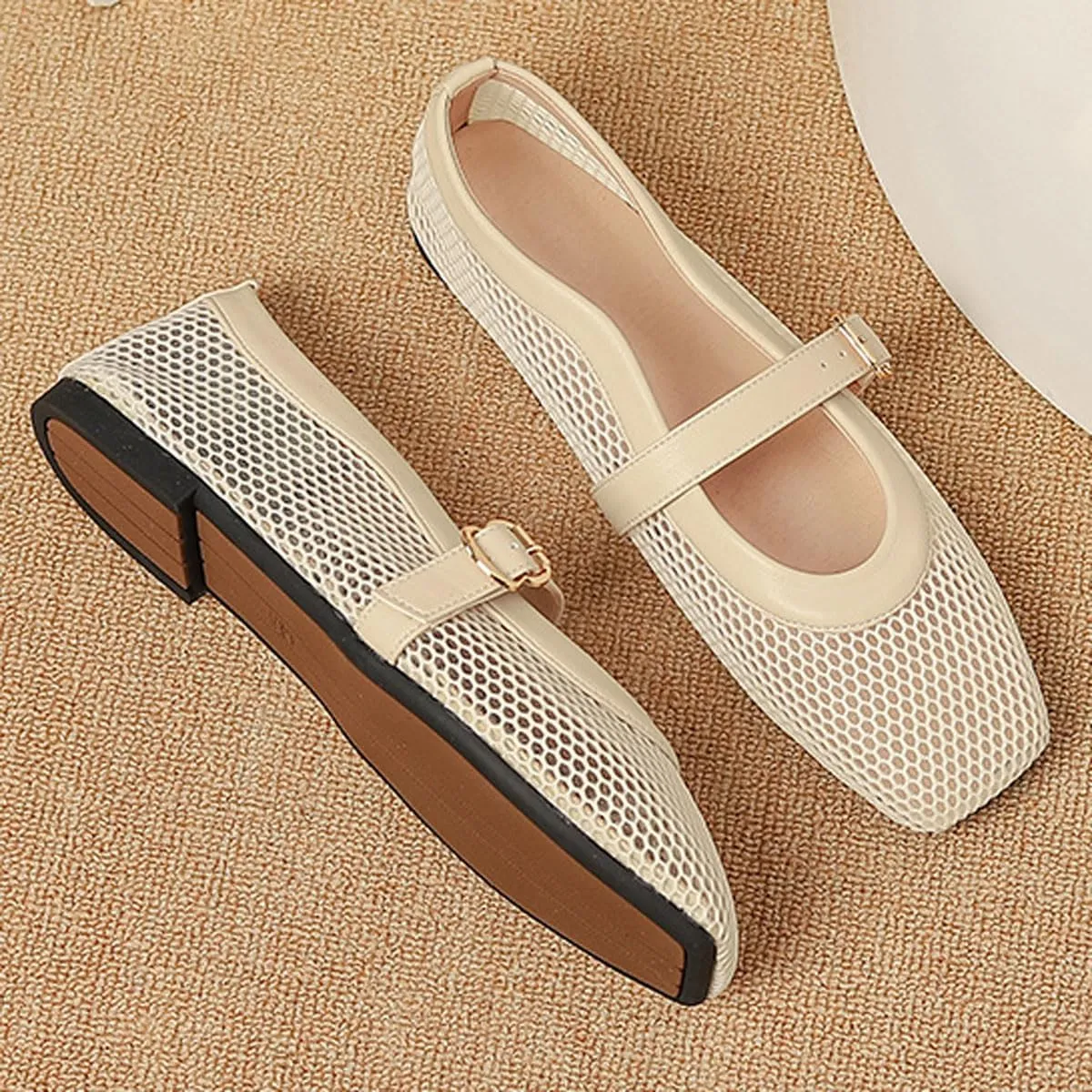 Mesh Ballet Flats for Women Buckle Strap Fishnet Square Toe Ballerina Casual Dress Summer Comfy Shoes