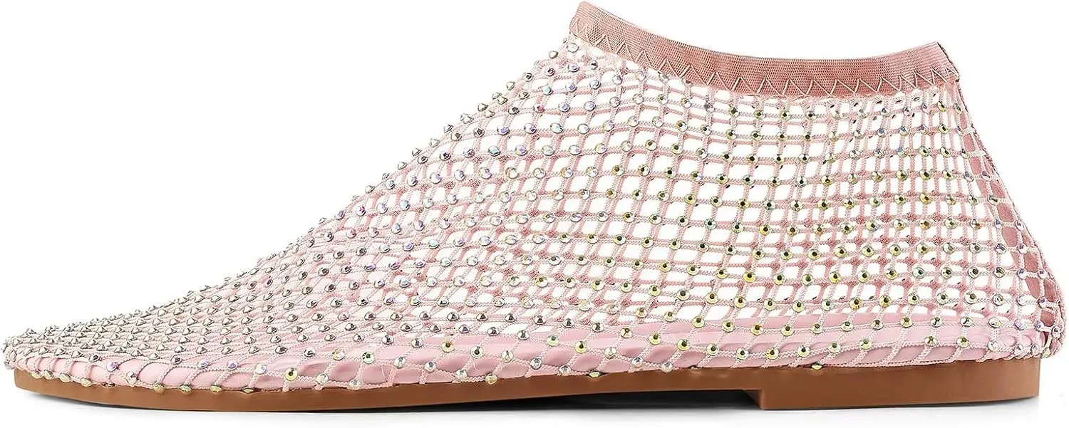 Mesh Ballet Flats Round Toe Shiny Gem Mesh Flats Rhinestone Short Boots Sexy Sandals Cutout Sparkly Comfortable Beach Casual Dress Flats for Women