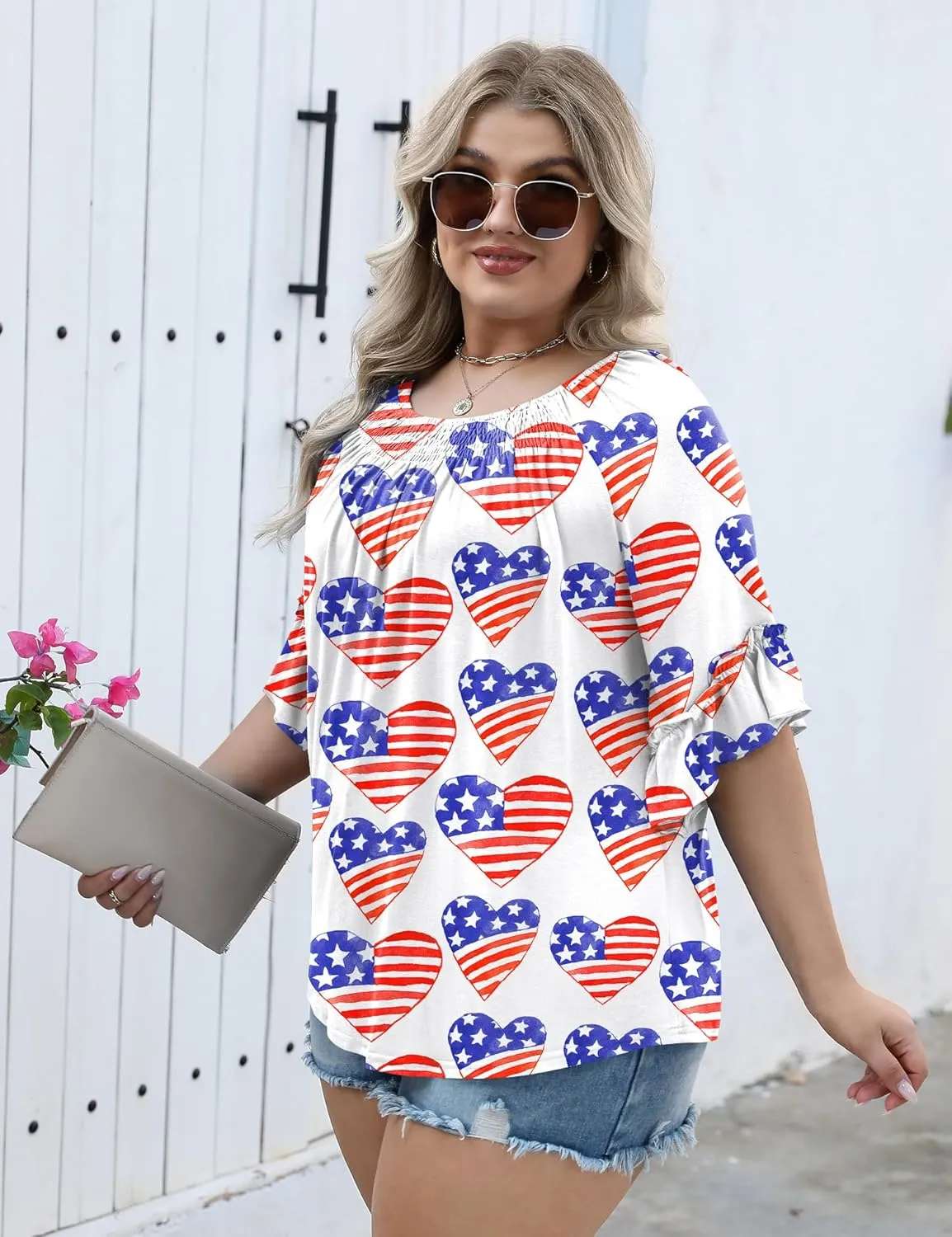 Micoson Womens Plus Size Tops 3/4 Ruffle Sleeve Shirts Crewneck Pleated Blouses Dressy Casual Fashion Tunic Top (1X-5X)