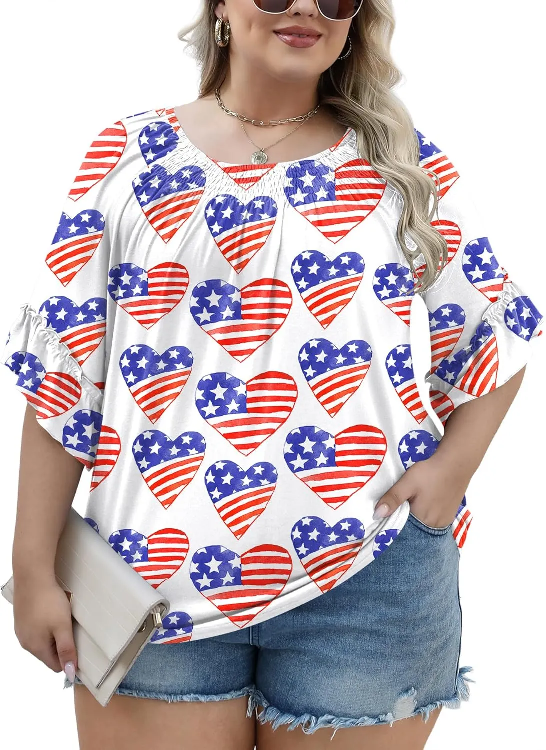 Micoson Womens Plus Size Tops 3/4 Ruffle Sleeve Shirts Crewneck Pleated Blouses Dressy Casual Fashion Tunic Top (1X-5X)