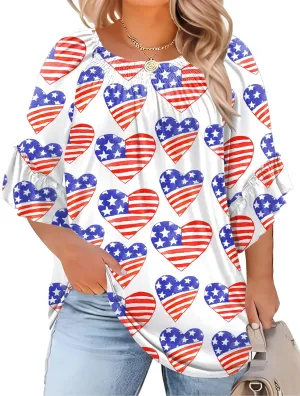 Micoson Womens Plus Size Tops 3/4 Ruffle Sleeve Shirts Crewneck Pleated Blouses Dressy Casual Fashion Tunic Top (1X-5X)