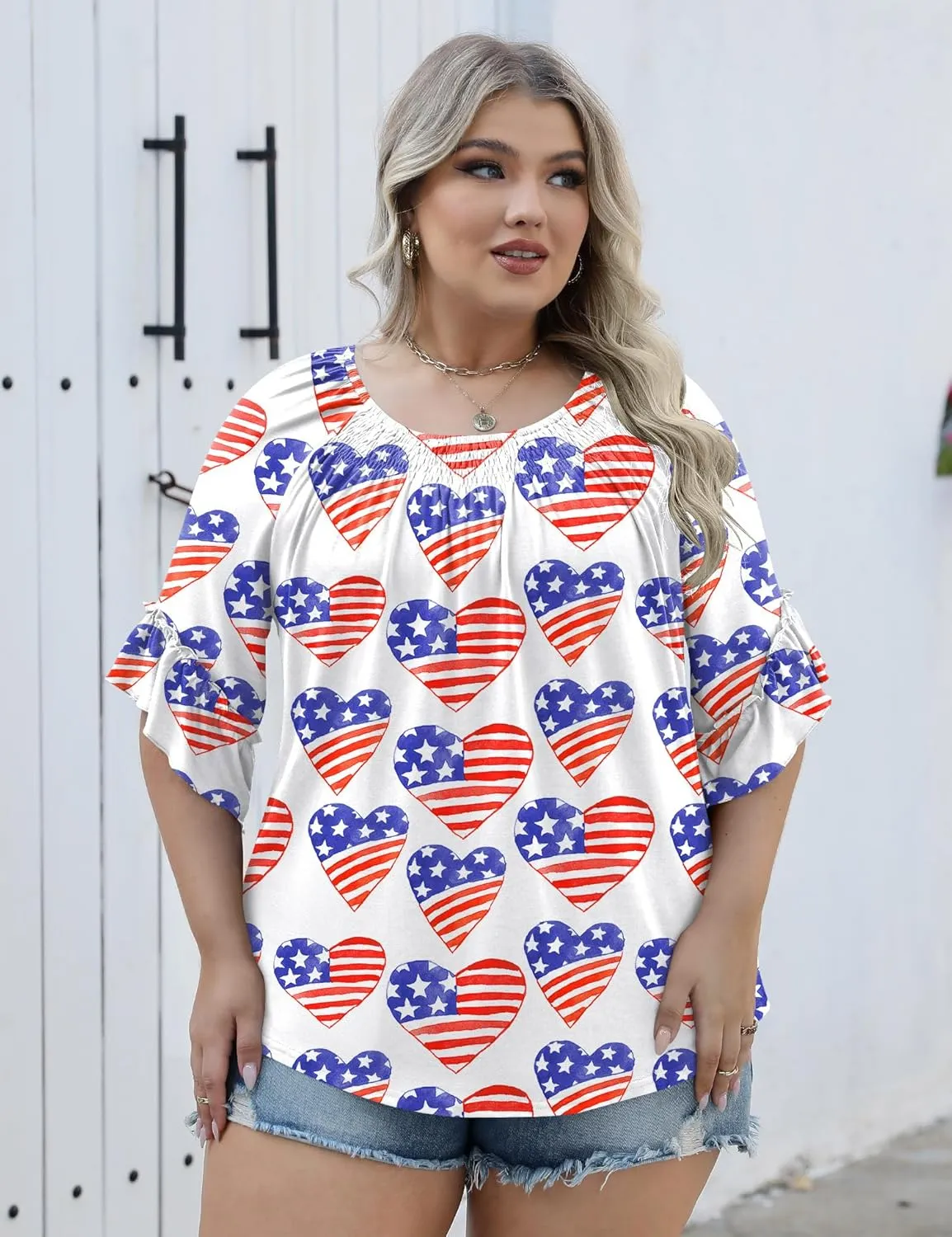 Micoson Womens Plus Size Tops 3/4 Ruffle Sleeve Shirts Crewneck Pleated Blouses Dressy Casual Fashion Tunic Top (1X-5X)