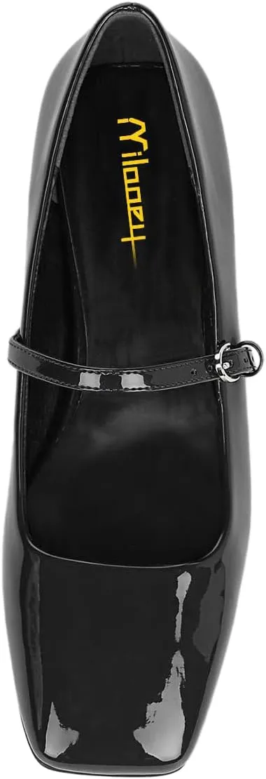 Milooey shoes Women's Closed Square Toe Mary Jane Flats Chunky Low Heels Adjustable Buckled Elegant Prom Party Formal Business Shoe Size 4-16 US