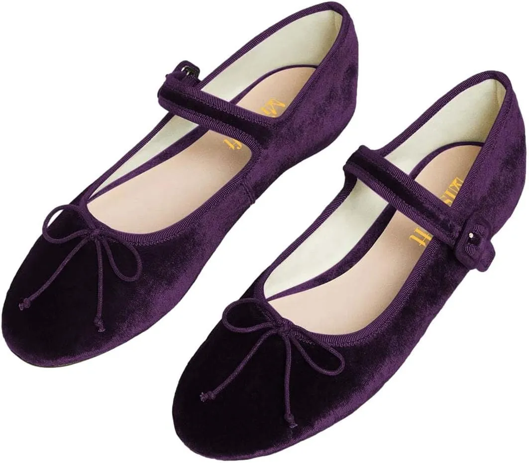 miss left Women Bowknot Ankle Strap Mary Jane Classic Closed Round Toe Ballet Flats Slip On Cozy Casual Dance Shoes Size 4-16 US