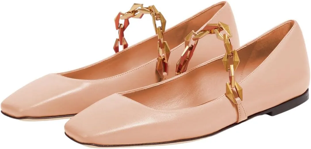miss left Women Comfy Chain Strap Mary Janes Shoes Slip On Closed Square Toe Ballet Flats for Walking School Dressy Size 4-16 US