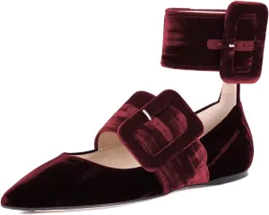 miss left Women Comfy Closed Pointy Toe Mary Jane Flats Ankle Strap Buckled Soft Velvet Adorable Ballroom Dance School Shoes Size 4-16 US