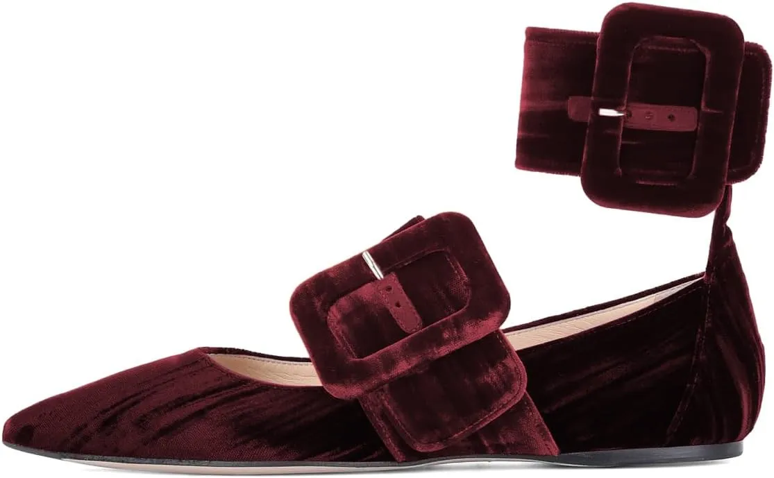 miss left Women Comfy Closed Pointy Toe Mary Jane Flats Ankle Strap Buckled Soft Velvet Adorable Ballroom Dance School Shoes Size 4-16 US