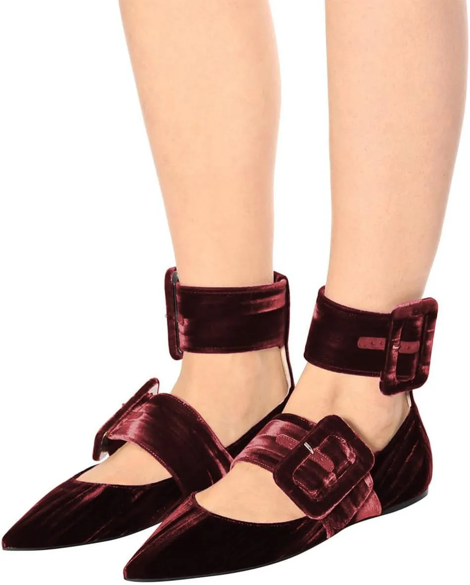 miss left Women Comfy Closed Pointy Toe Mary Jane Flats Ankle Strap Buckled Soft Velvet Adorable Ballroom Dance School Shoes Size 4-16 US
