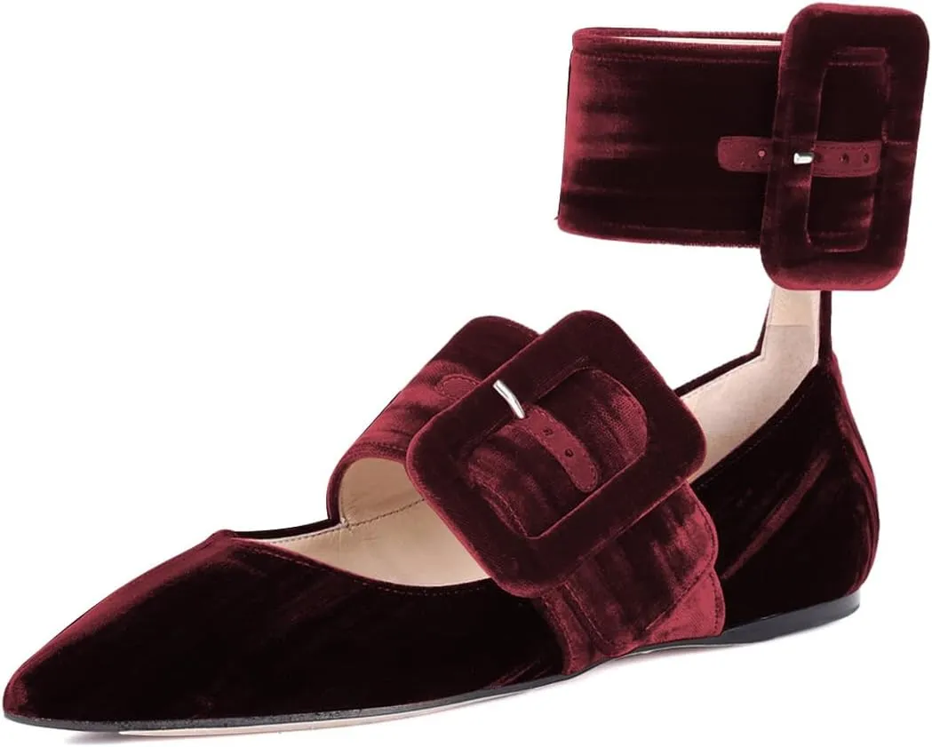 miss left Women Comfy Closed Pointy Toe Mary Jane Flats Ankle Strap Buckled Soft Velvet Adorable Ballroom Dance School Shoes Size 4-16 US