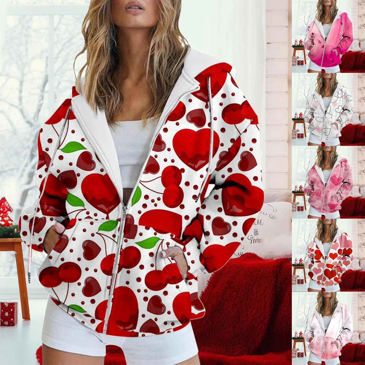 Miyaomn Valentines Day Oversized Hoodies Jacket for Women Cute Love Heart Printed Casual Long Sleeve Full Zip Sweatshirt Tops