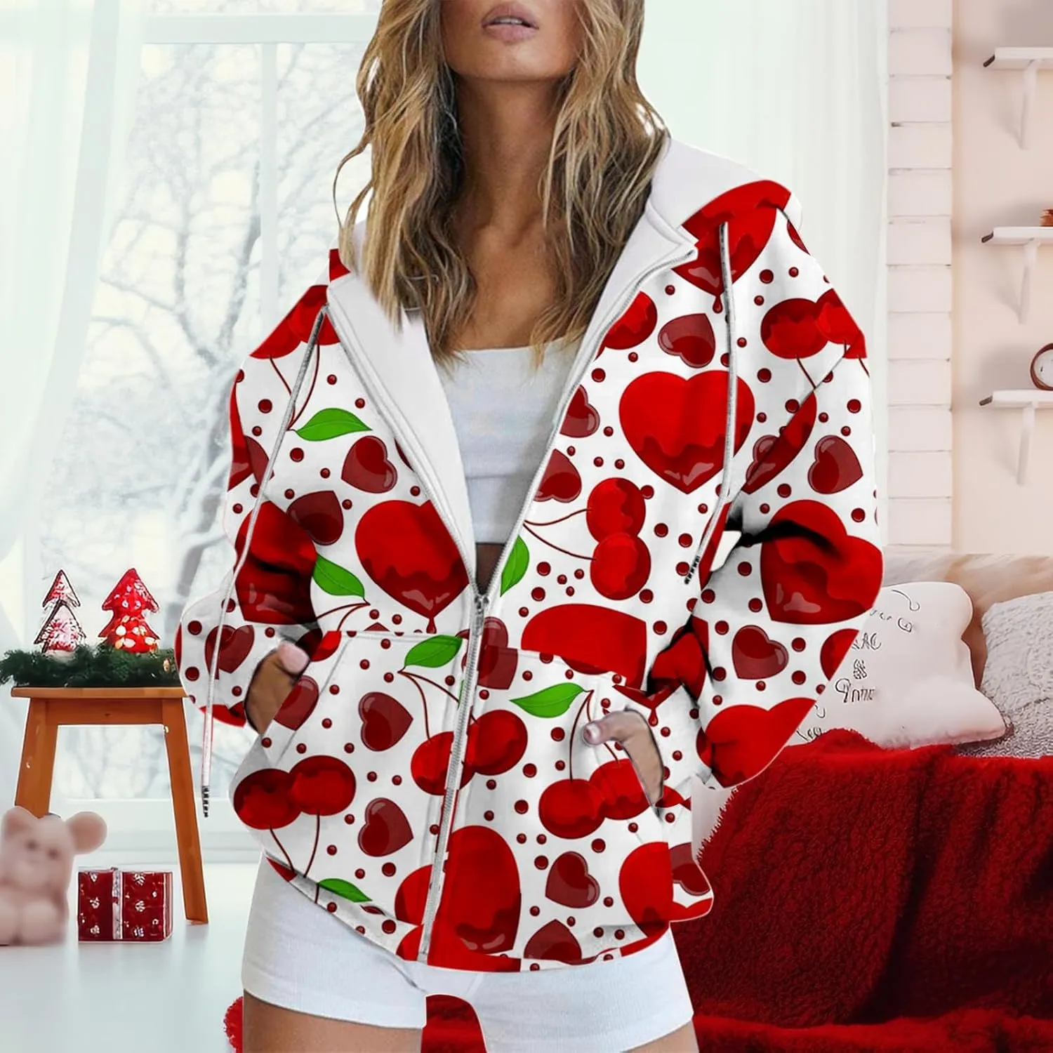 Miyaomn Valentines Day Oversized Hoodies Jacket for Women Cute Love Heart Printed Casual Long Sleeve Full Zip Sweatshirt Tops