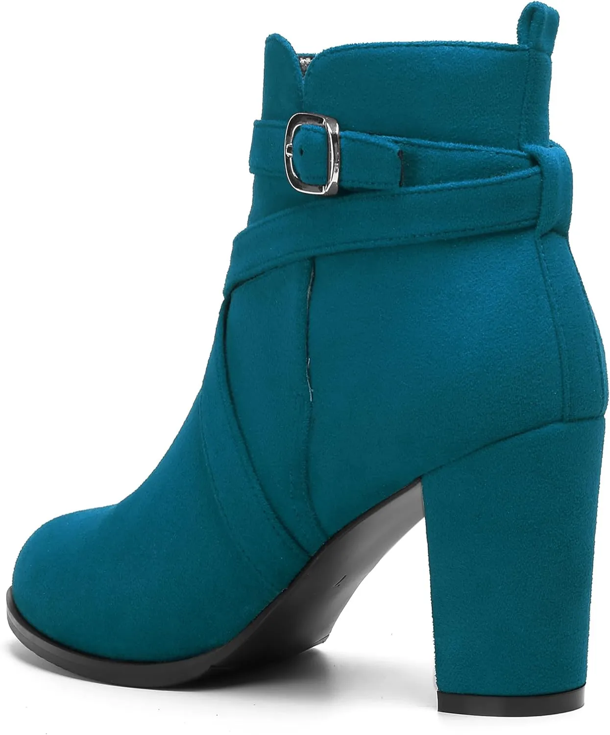 MODENCOCO Womens Casual Round Toe Buckle Casual Suede Fashion Block High Heel Ankle High Boots 3.5 Inch