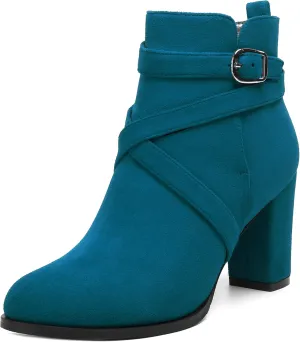 MODENCOCO Womens Casual Round Toe Buckle Casual Suede Fashion Block High Heel Ankle High Boots 3.5 Inch