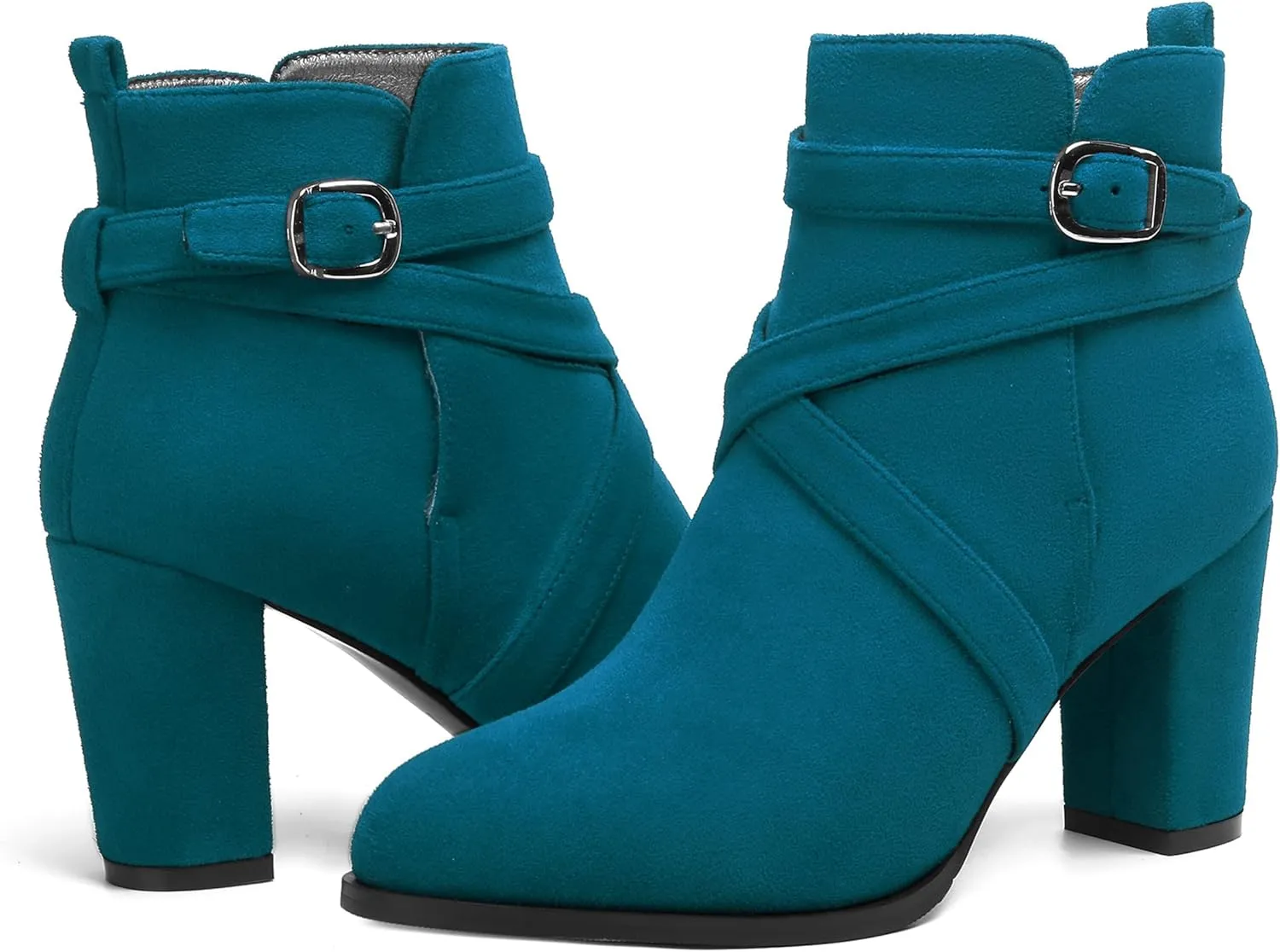 MODENCOCO Womens Casual Round Toe Buckle Casual Suede Fashion Block High Heel Ankle High Boots 3.5 Inch