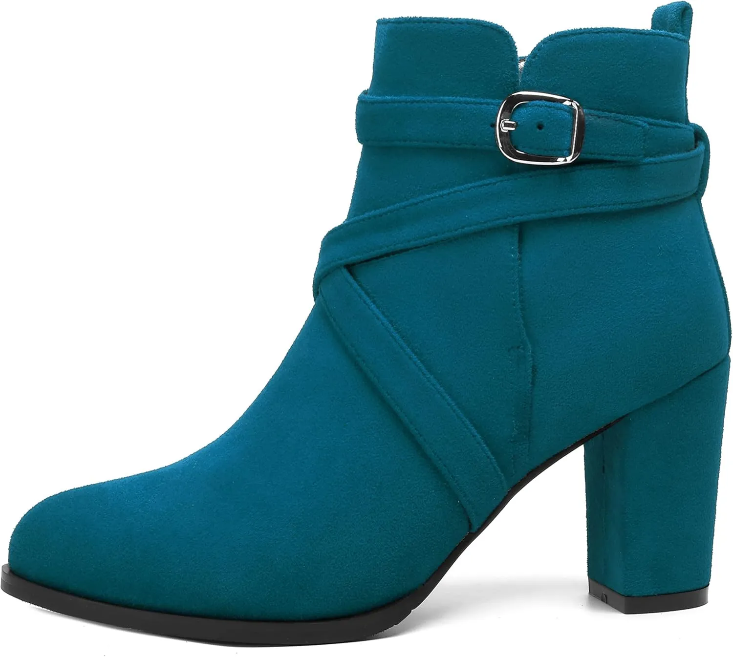 MODENCOCO Womens Casual Round Toe Buckle Casual Suede Fashion Block High Heel Ankle High Boots 3.5 Inch