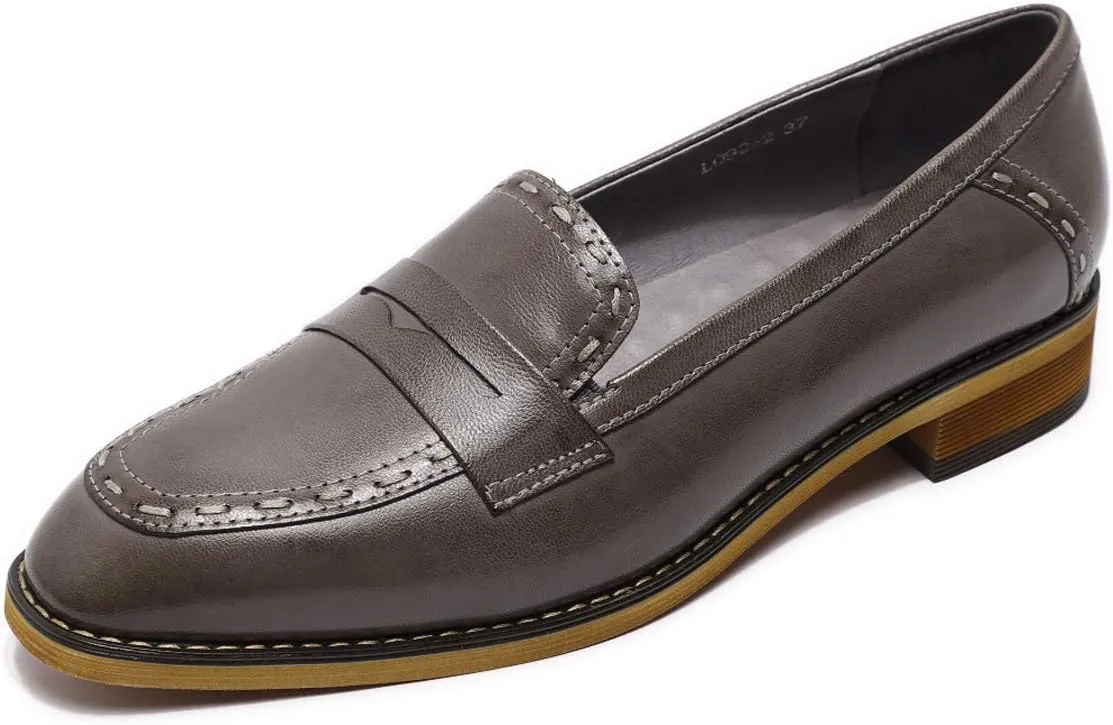 Mona flying Women's Leather Penny Loafers Slip On Flats Office Ladies Casual Shoes