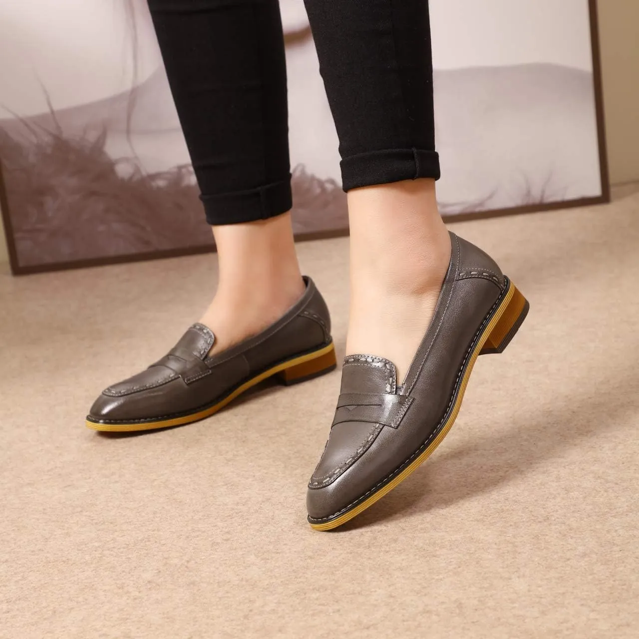 Mona flying Women's Leather Penny Loafers Slip On Flats Office Ladies Casual Shoes