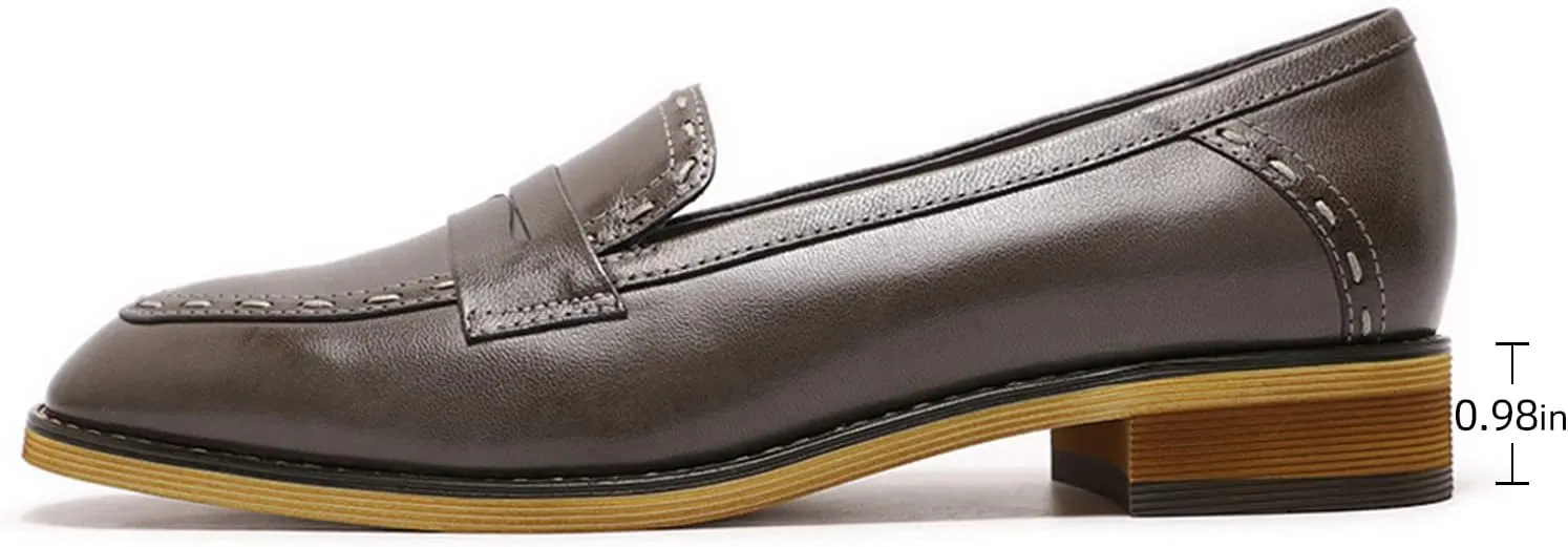 Mona flying Women's Leather Penny Loafers Slip On Flats Office Ladies Casual Shoes