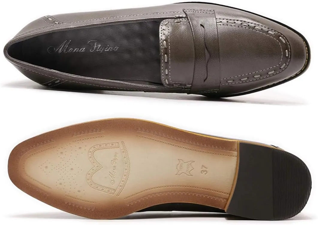 Mona flying Women's Leather Penny Loafers Slip On Flats Office Ladies Casual Shoes