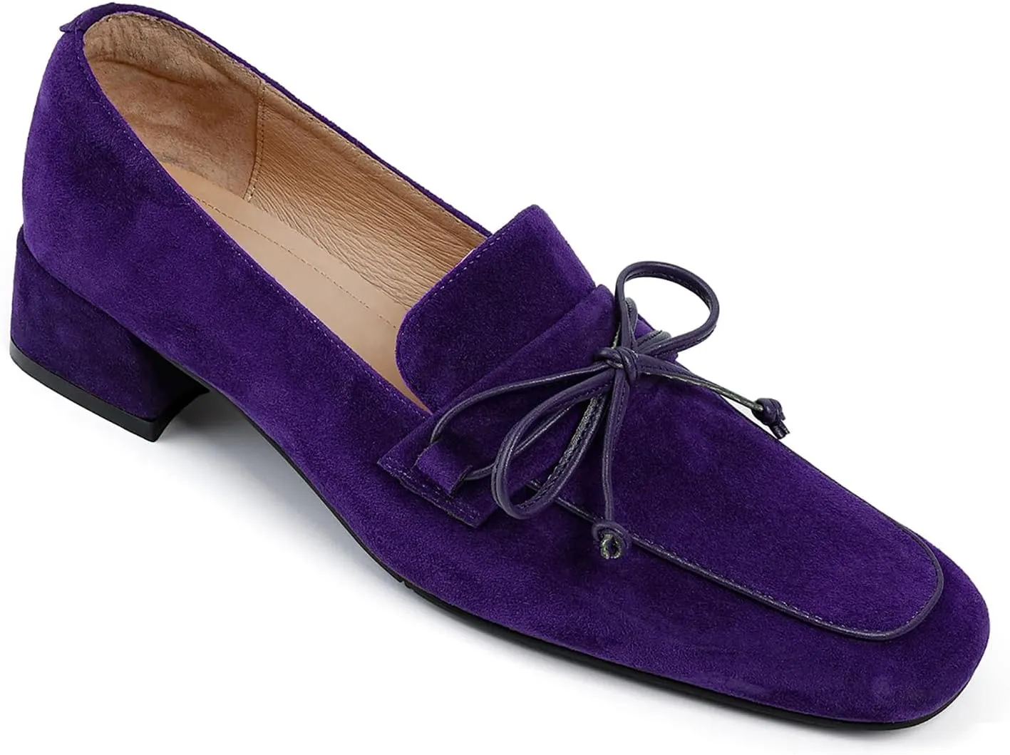MOOMMO Women Chunky Low Heel Loafers Bow Suede Slip On Closed Square Toe Loafer Shoes Oxfords Comfy 1 Inch Block Heels Dress Shoes Pumps Office Work Pumps Vintage Retro Comfy 4-11 M US