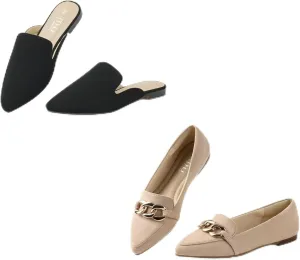 MUSSHOE Women's Elegant Nude Suede Gold Chain Flats & Comfortable Black Pointed Toe Duo, 8