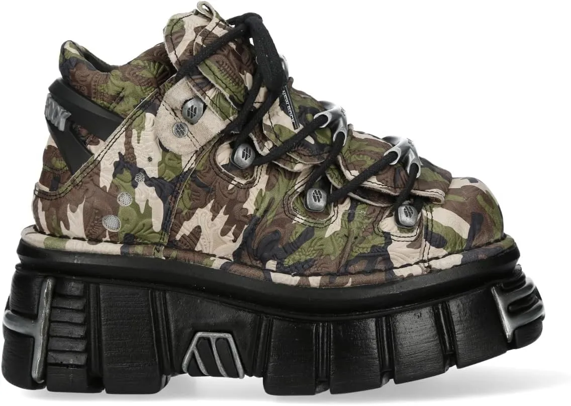 New Rock M-106-C169 Camouflage Leather Metallic Gothic Ankle Boots