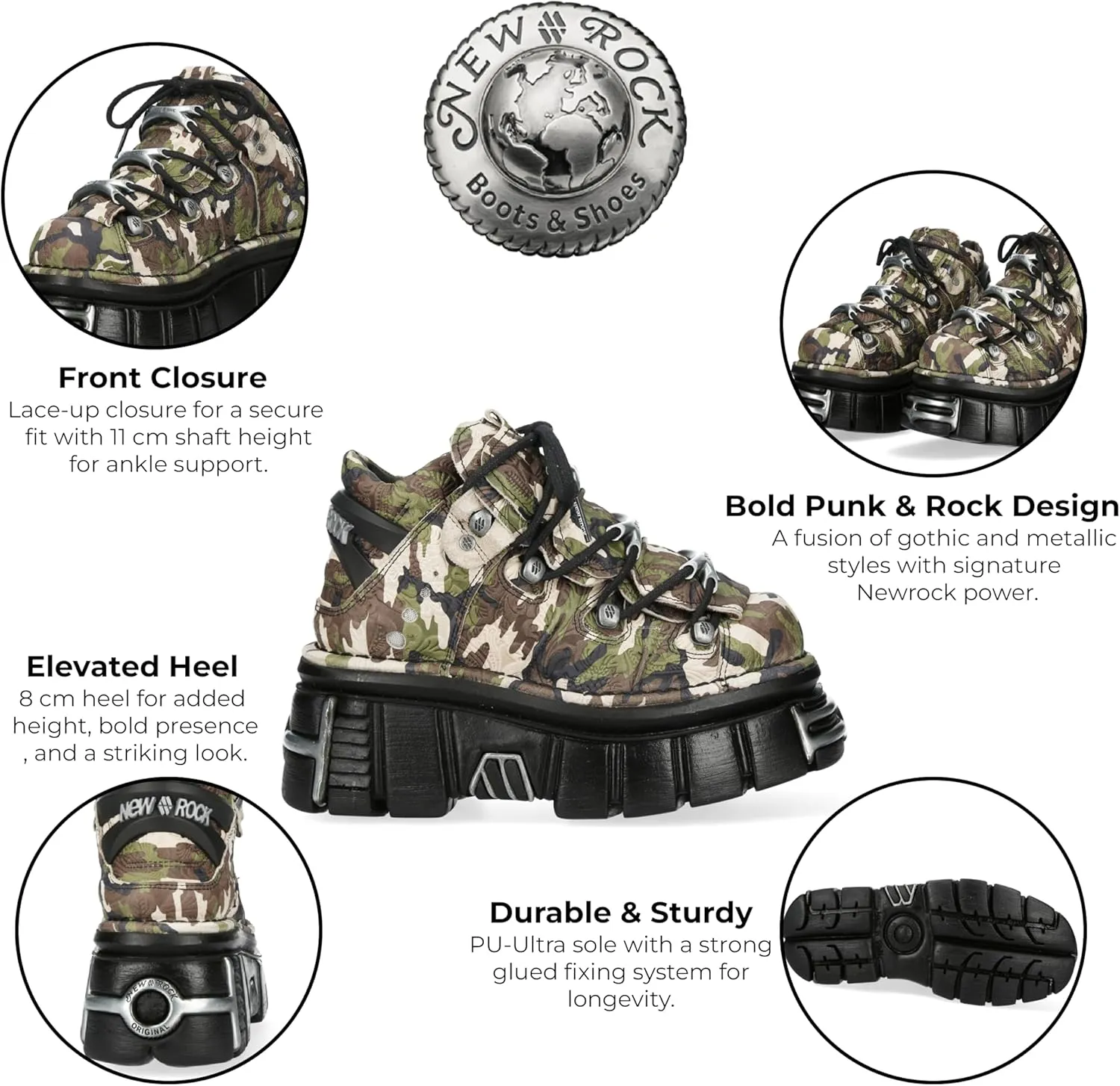 New Rock M-106-C169 Camouflage Leather Metallic Gothic Ankle Boots